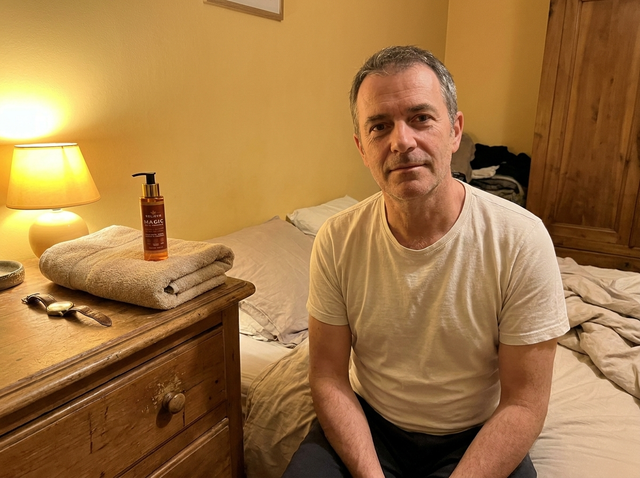 Homme assis dans sa chambre, le flacon d'huile corps Relievu posé sur la commode