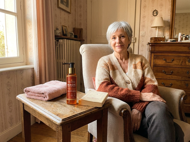 Femme dans son fauteuil, le flacon d'huile corps Relievu posé sur la table d'appoint