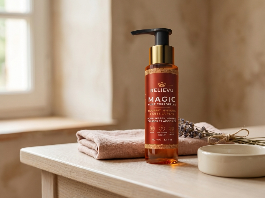 Flacon pompe d'huile corps Relievu 100 ml sur un plan de travail clair