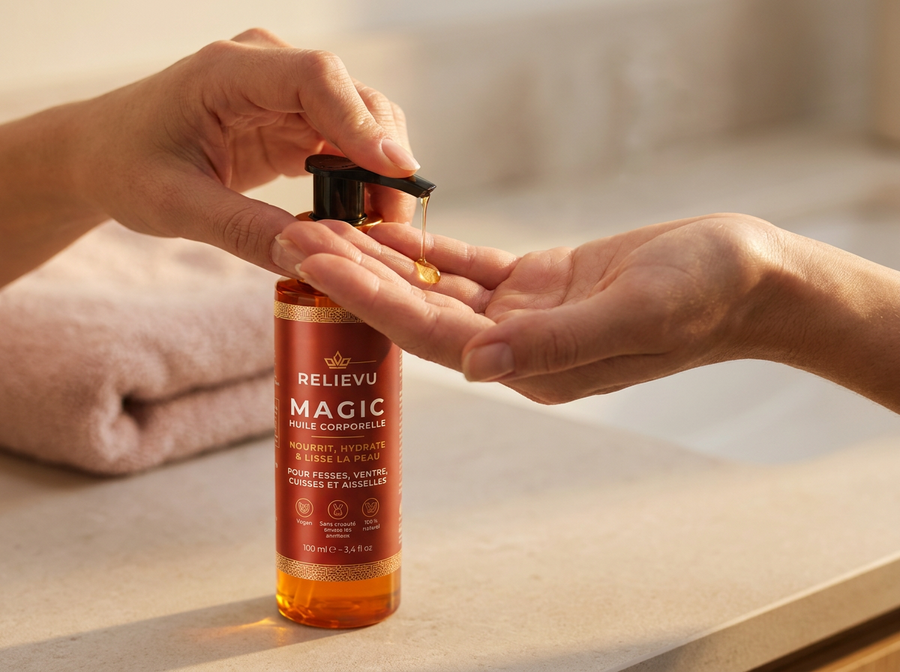 Une pression d'huile corps au creux de la main, avant le massage