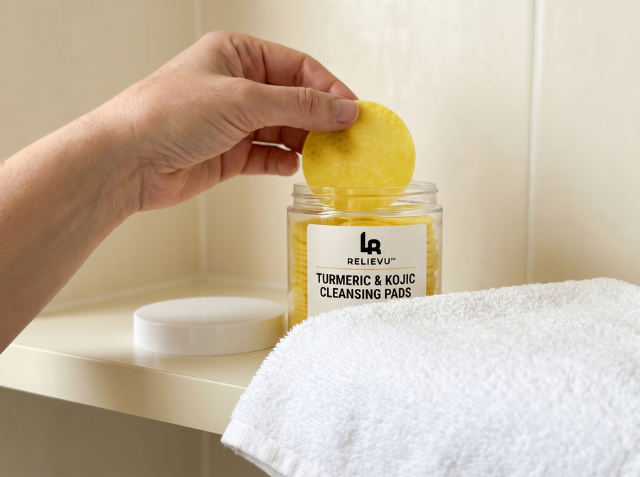 Un patch nettoyant Relievu et son flacon sur une tablette de salle de bain