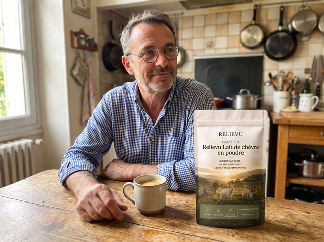 Client attablé dans sa cuisine, tasse de café et sachet de lait de chèvre en poudre devant lui