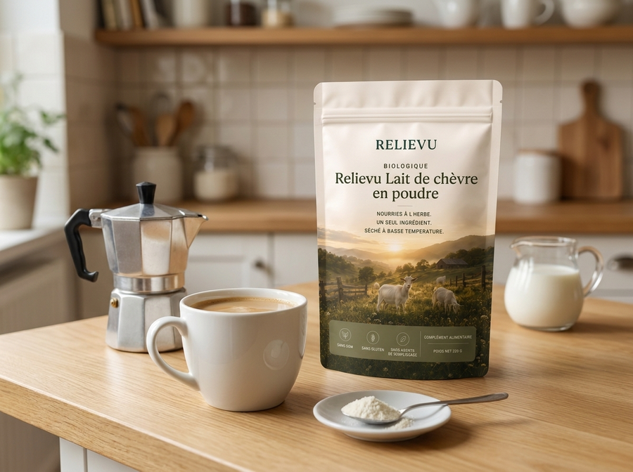 Sachet refermable de lait de chèvre en poudre posé à côté d'une tasse de café