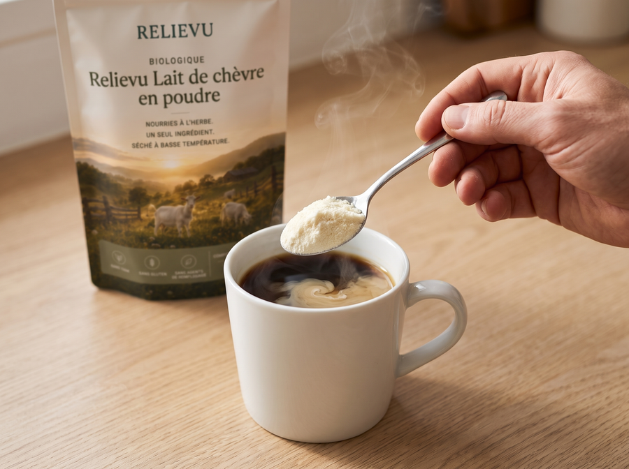 Tasse de café et cuillère de lait de chèvre en poudre, le matin