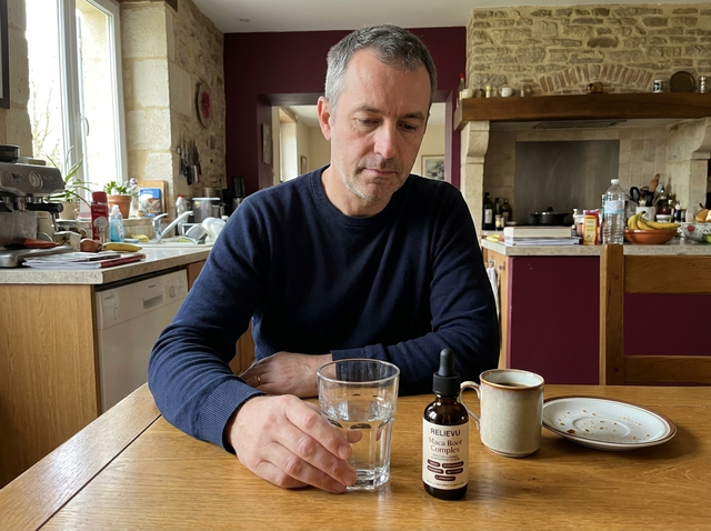 Homme attablé dans sa cuisine, le flacon compte-gouttes posé à côté d'un verre d'eau