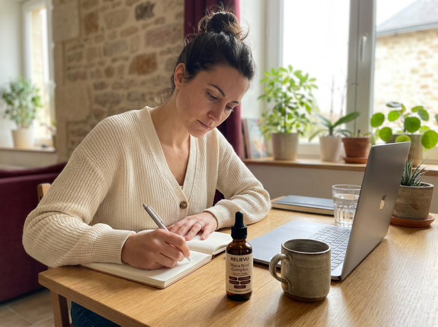 Femme à son bureau chez elle, le flacon compte-gouttes posé près de son carnet