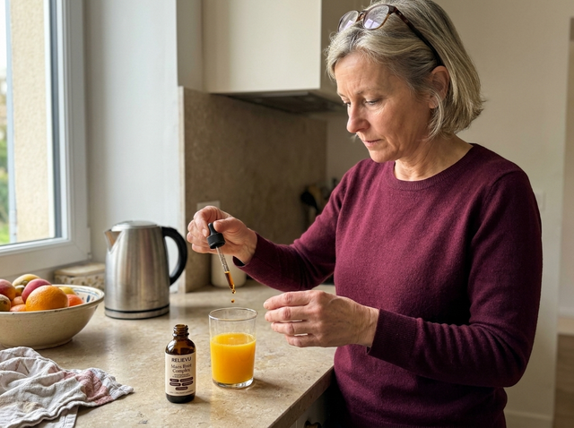 Femme comptant des gouttes du flacon Relievu dans un verre de jus sur un plan de travail