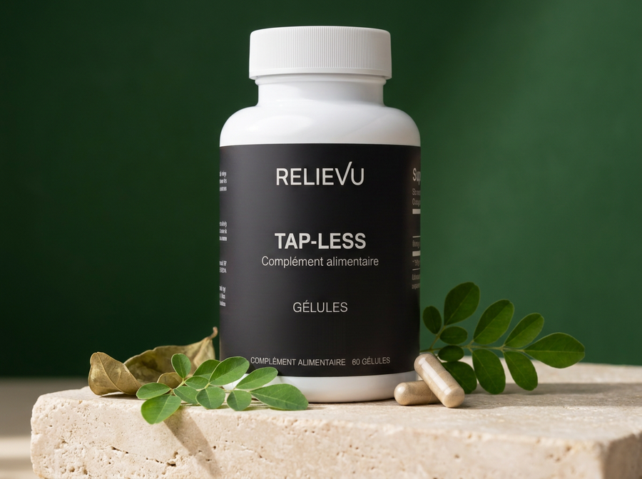 Flacon Relievu de gélules de Moringa oleifera sur fond vert feuille et pierre claire
