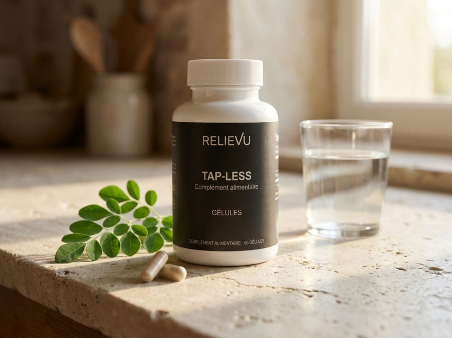 Flacon Relievu de gélules de Moringa oleifera posé sur un plan de travail clair