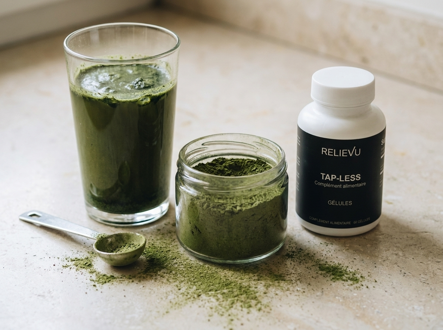 Verre de boisson à la poudre de moringa, bocal de poudre verte, cuillère doseuse et flacon Relievu de gélules sur un plan de travail clair