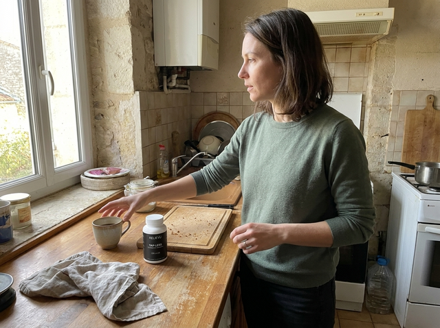 Femme dans sa cuisine, le flacon de gélules de moringa posé sur le plan de travail près de sa tasse