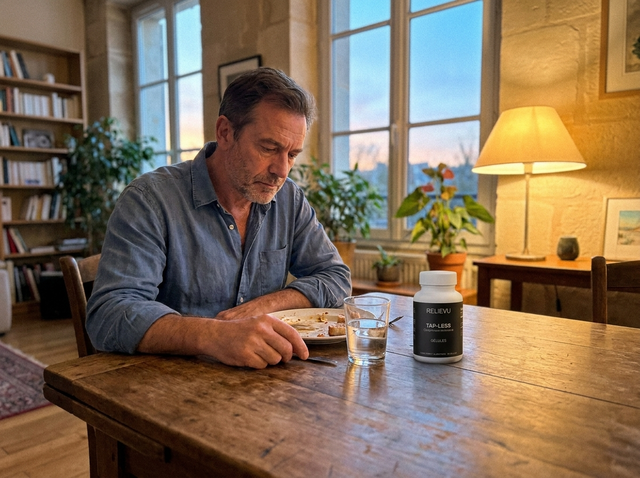 Homme attablé pour le dîner, le flacon de gélules de moringa posé à côté de son verre d'eau