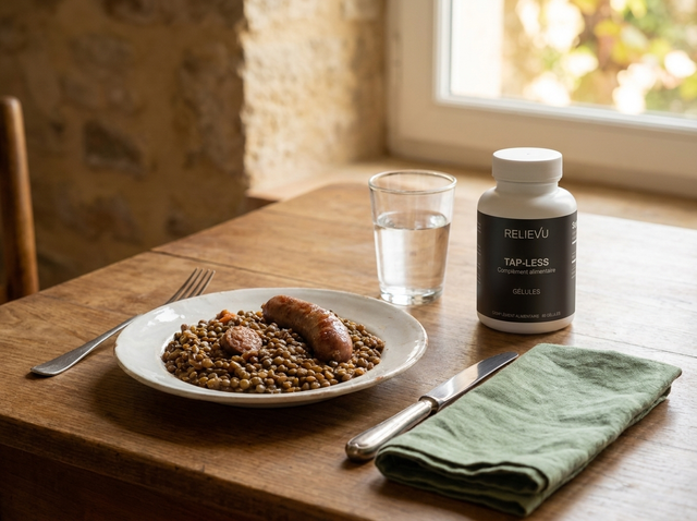 Femme assise à sa table de cuisine le matin, le flacon de gélules de moringa devant elle