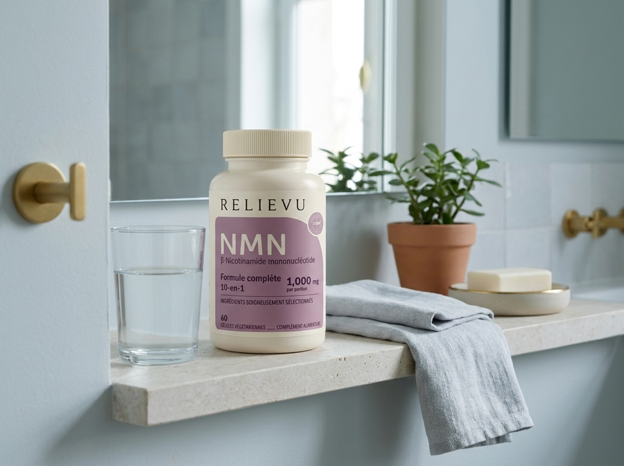 Flacon de NMN Complex posé sur une étagère de salle de bain, à côté d’un verre d’eau