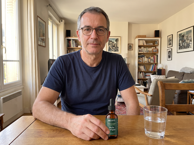Client attablé, le flacon compte-gouttes posé devant lui à côté d'un verre d'eau