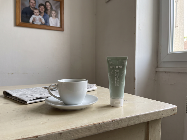 Le tube Relievu sur une table de cuisine ensoleillée, à côté d'une tasse de café
