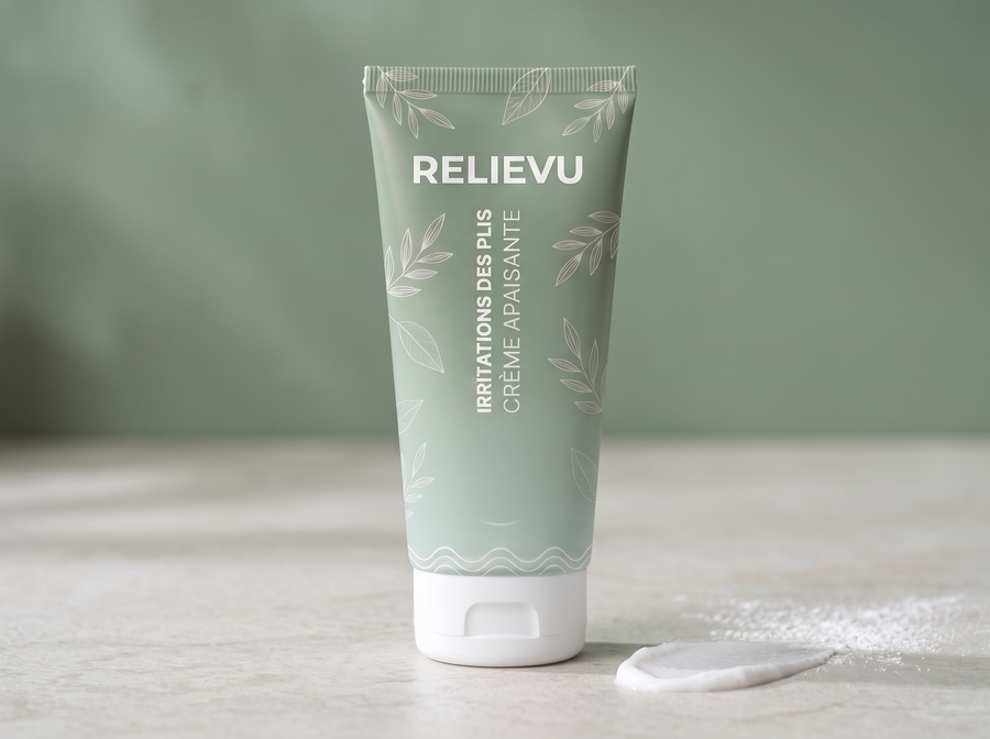 Tube de crème Relievu vert sauge et blanc posé sur un plan de travail clair