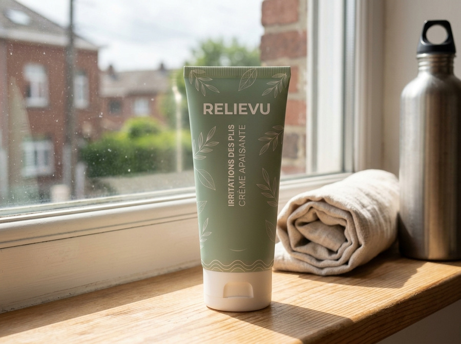 Tube de crème Relievu vert sauge et blanc posé sur un rebord de fenêtre ensoleillé, à côté d'une serviette roulée et d'une gourde