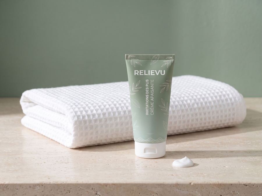 Tube de crème Relievu et serviette propre pliée sur un plan de travail clair