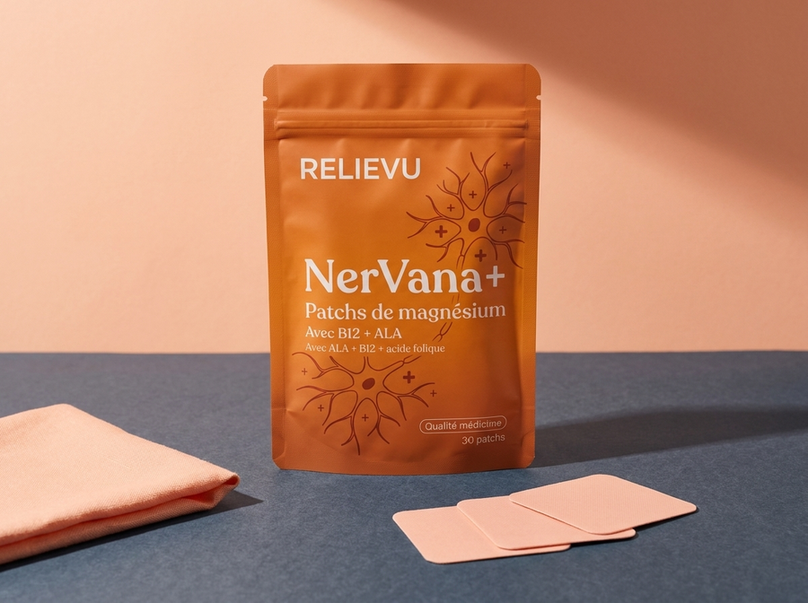 Sachet de patchs Relievu NerVana+ sur fond ardoise et pêche