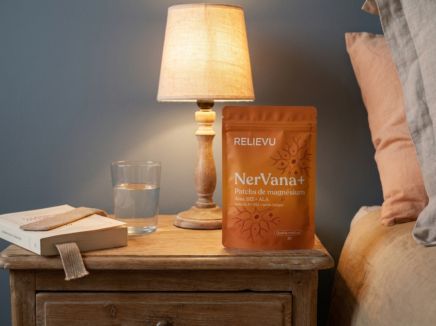 Sachet de patchs Relievu NerVana+ posé sur une table de chevet