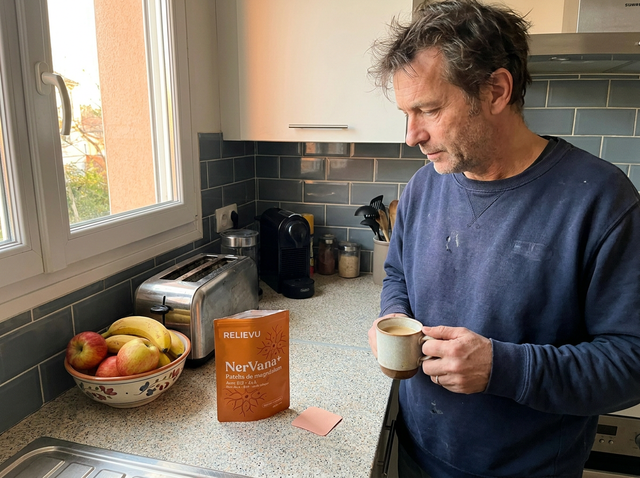 Homme dans sa cuisine, tasse à la main, le sachet de patchs ouvert sur le plan de travail