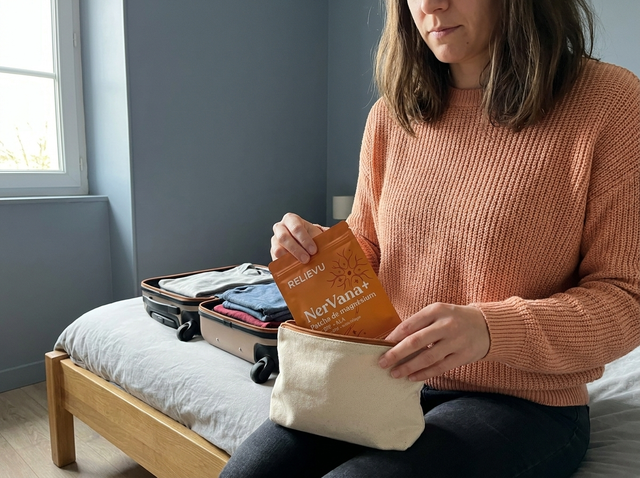 Femme glissant le sachet de patchs à plat dans une trousse de toilette