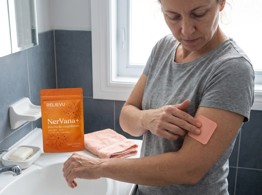 Application d’un patch carré rose pêche sur le haut du bras, le sachet Relievu NerVana+ posé à côté