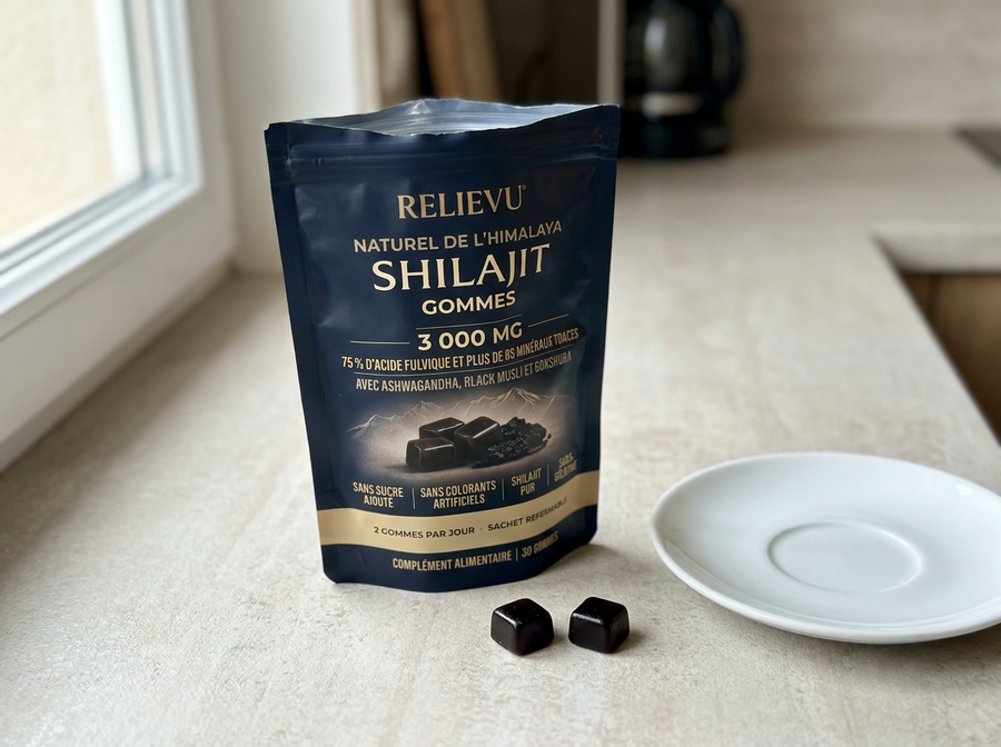 Sachet Relievu Gommes de shilajit de l’Himalaya posé debout sur un plan de travail clair