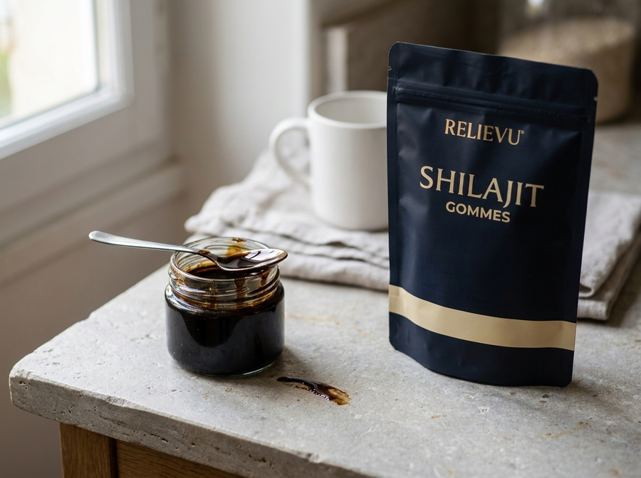 Pot de résine de shilajit ouvert et cuillère à côté d’un sachet de gommes, sur un plan de travail clair