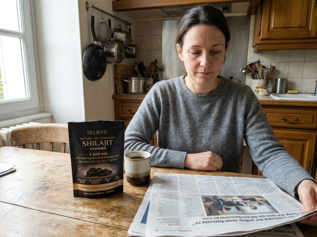 Femme attablée dans sa cuisine, le sachet de gommes posé devant elle