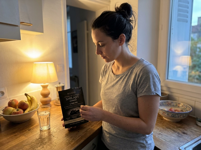 Femme tenant le sachet de gommes dans sa cuisine, en fin de journée