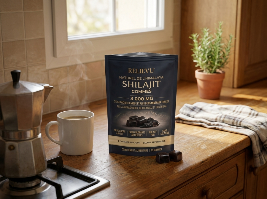 Sachet Relievu Gommes de shilajit posé sur un plan de travail de cuisine le matin, près d’une cafetière italienne