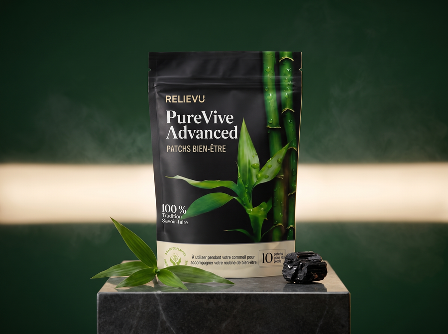 Sachet Relievu PureVive Advanced sur fond vert profond et crème