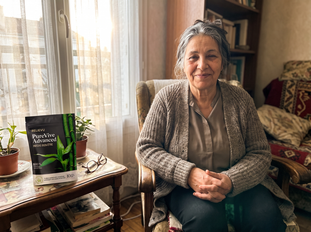 Cliente dans son fauteuil près de la fenêtre, le sachet sur la table d'appoint