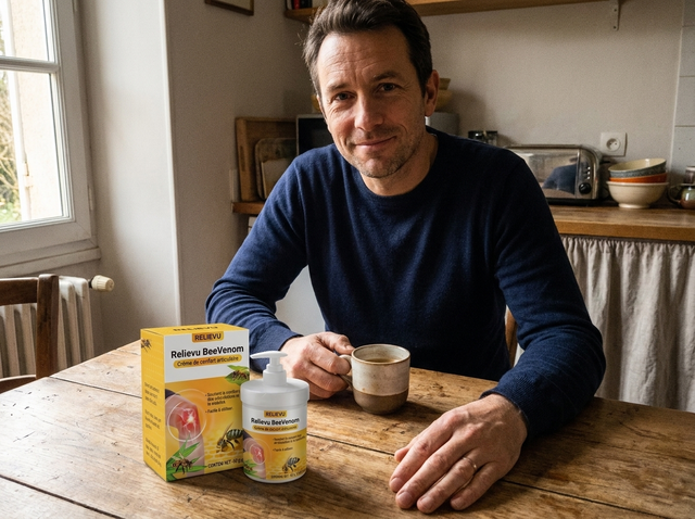 Client attablé dans sa cuisine, le flacon-pompe et son étui devant lui