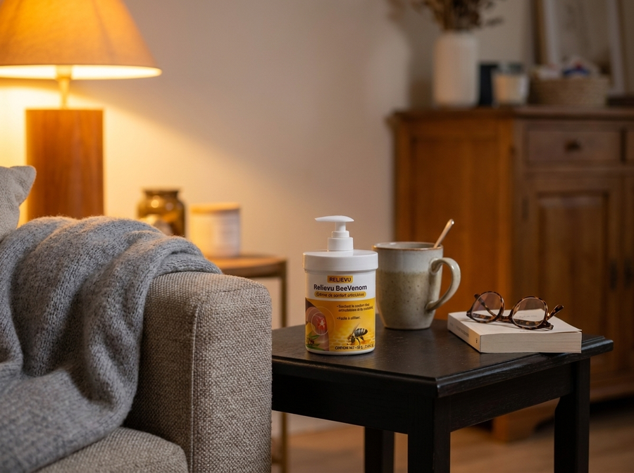 Flacon-pompe blanc Relievu posé sur une table d'appoint, à côté d'un fauteuil, en fin de journée