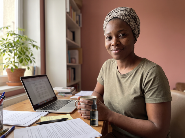 Une femme à son bureau, une tasse à la main et le flacon posé sur la table