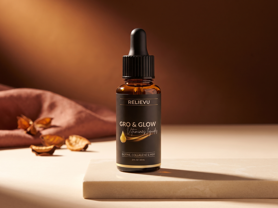 Flacon Relievu Gro & Glow en verre ambré sur fond brun et crème
