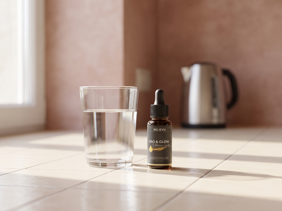Flacon Relievu Gro & Glow et son compte-gouttes dans une cuisine, le matin